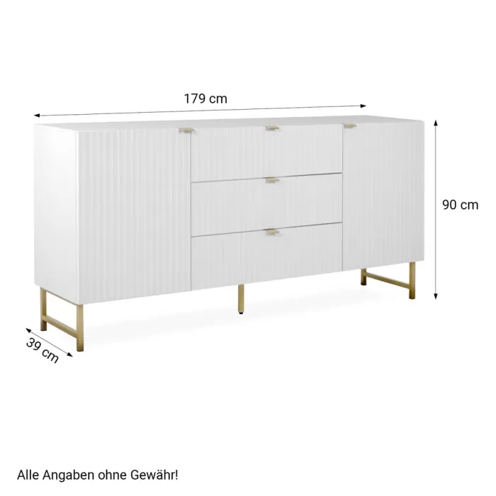 Kommode 179 cm Breite - Sideboard in Wellenoptik mit Metallfüßen und drei Schubladen - Farbe: Weiß Gold