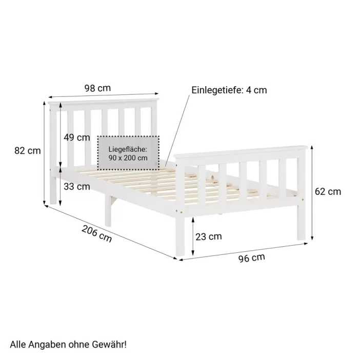 Massivholzbett 90x200 - Einzelbett mit hohem Kopf- und Fußteil - Farbe: Weiß