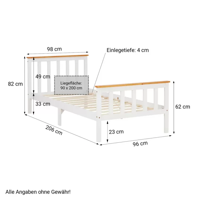 Massivholzbett 90x200 - Einzelbett mit hohem Kopf- und Fußteil - Farbe: Weiß-Natur