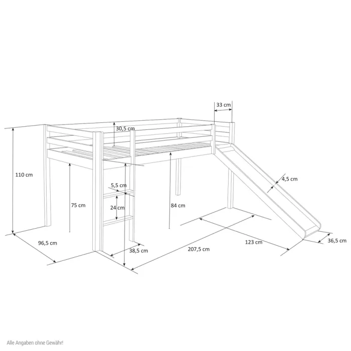 Kinderbett 90x200 - Kiefernholz-Hochbett mit Rutsche und Leiter - Farbe: Grau