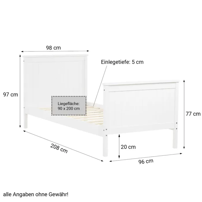 Einzelbett 90x200 – Holz Kinder- und Jugendbett mit hohem Kopf und Fußrahmen – Farbe: Weiß