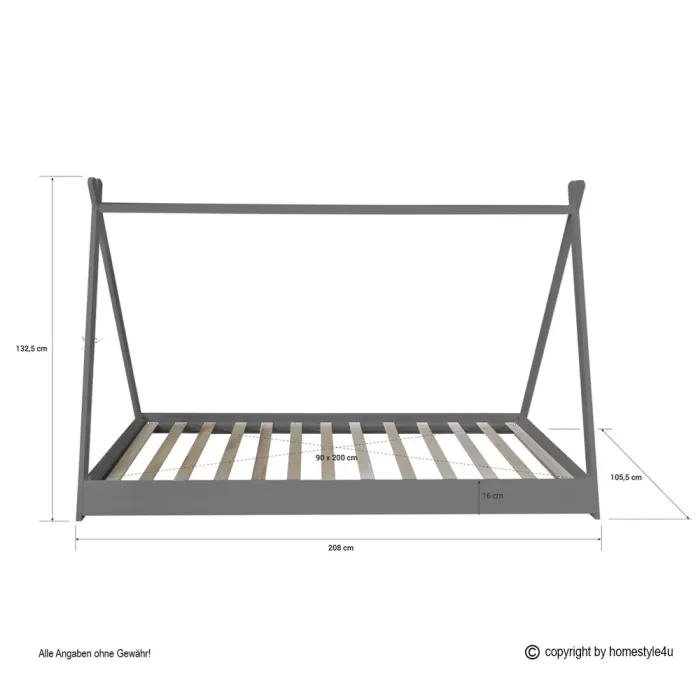 Tipi 90x200 cm – Holz Kinderbett in bodentiefer Zeltform – Farbe: Grau Weiß