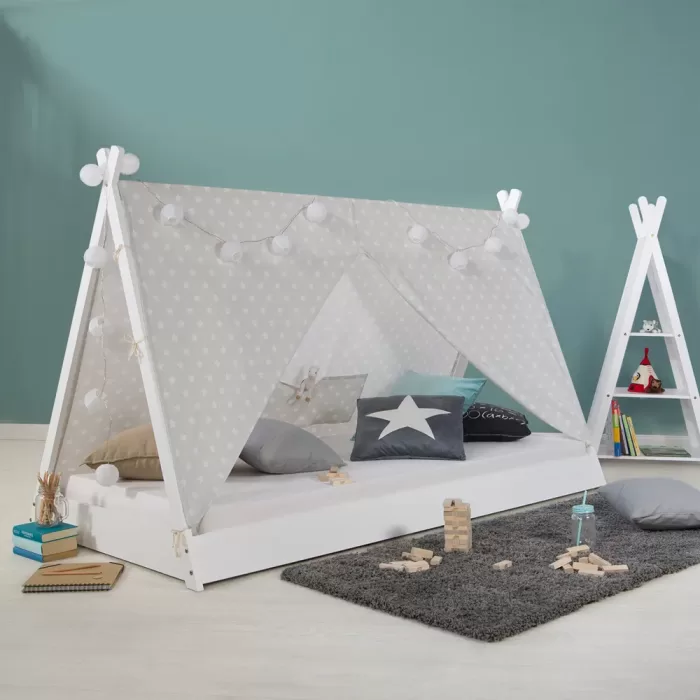 Tipi 90x200 cm – bodentiefes Holzbett in Zeltform für Kinder – Farbe: Weiß Grau