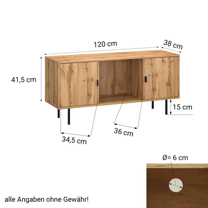 Fernsehschrank 120 cm Breite – TV Board mit Ablage und zwei Türen – Farbe: Natur