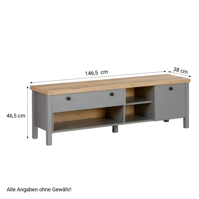 TV-Board in Grau mit Holzoptik 146 cm - Modernes Sideboard mit Schublade - Farbe: Grau