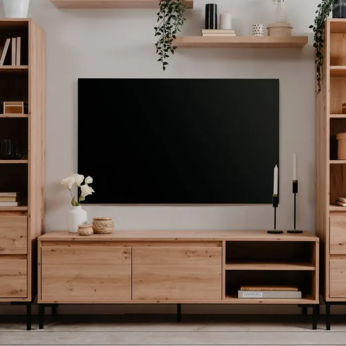 TV Lowboard 150cm Breite im Industrial Look mit Ablage und Klapptüren - Farbe: Natur