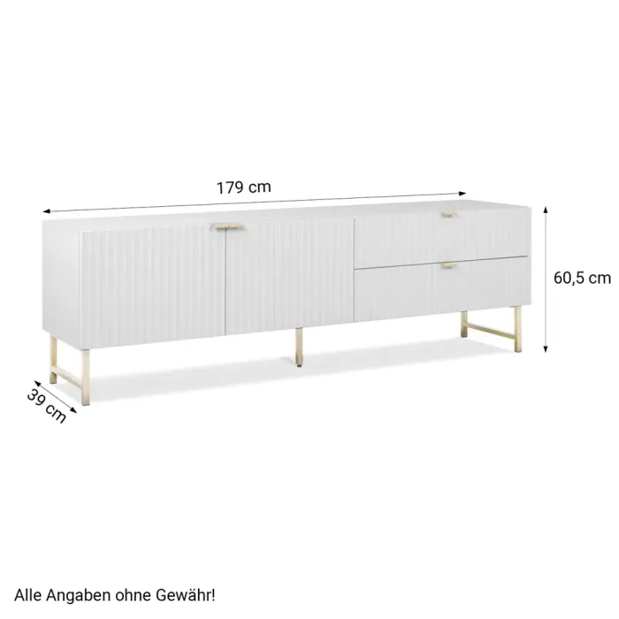 TV Lowboard 179 cm Breite - 3D-Wellenoptik und goldene Metallfüße - Farbe: Weiß