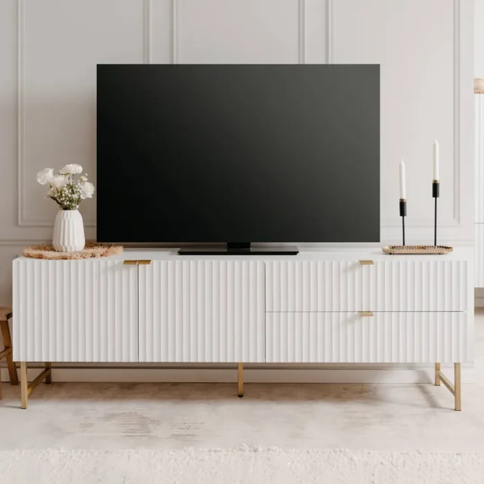 TV Lowboard 179 cm Breite - 3D-Wellenoptik und goldene Metallfüße - Farbe: Weiß