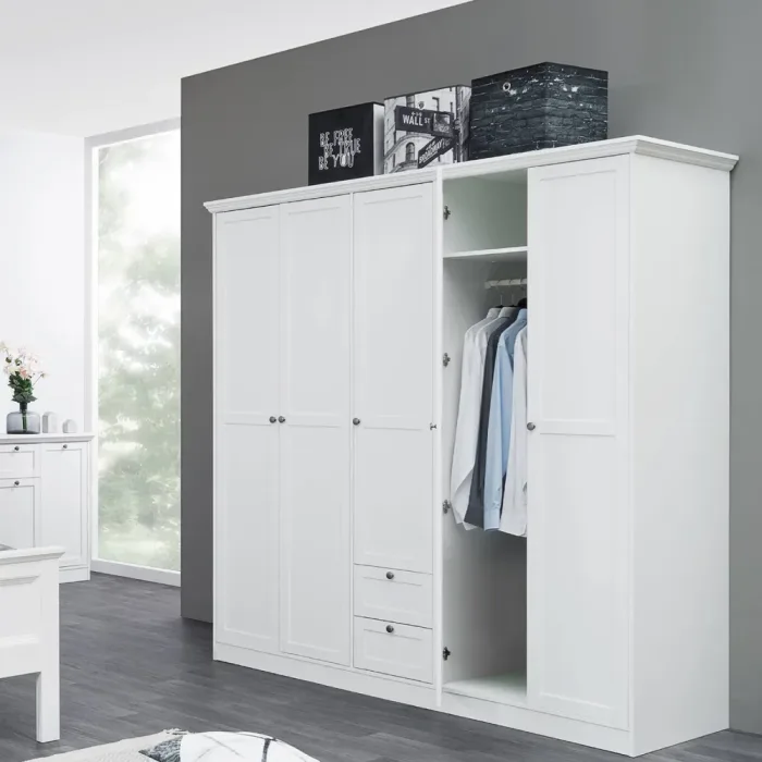 Großer Kleiderschrank 187 cm Breite Weiß 5 Türen - Landhausstil für Ordnung im Schlafzimmer