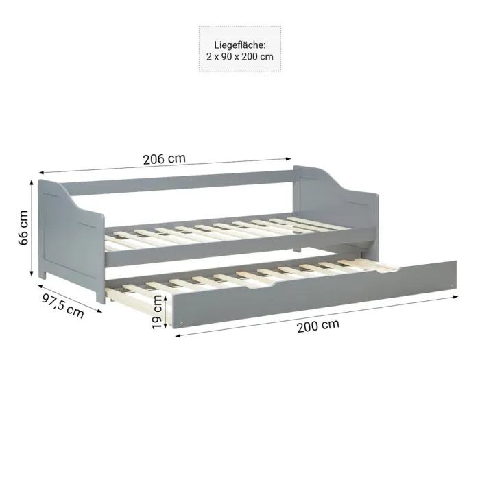 Funktionsbett mit Auszug 90x200 – Holzbett mit zweitem Bett 90x200 – Farbe: Grau