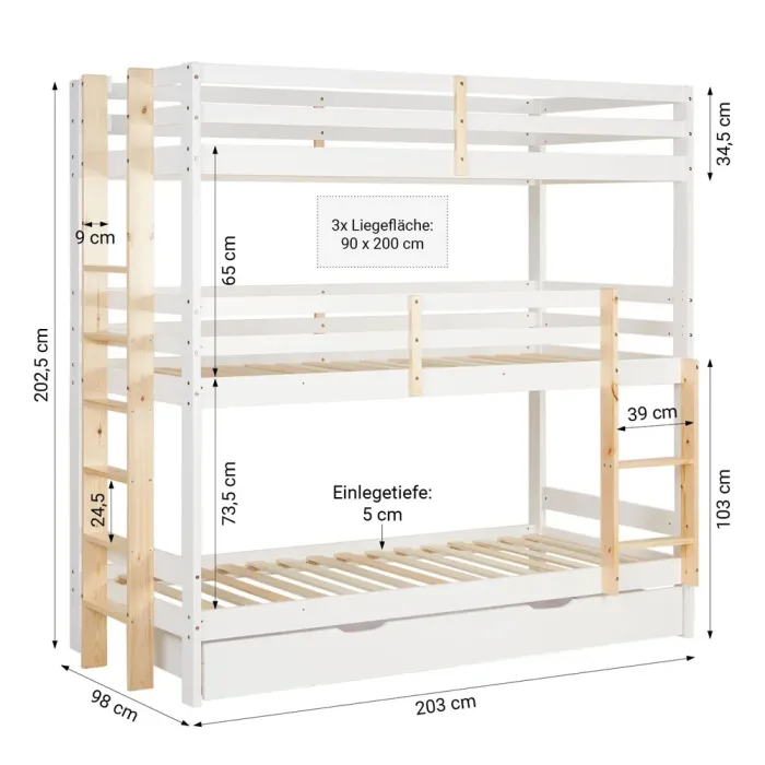 Kiefernholz Etagenbett 90x200 mit drei Schlafplätzen in Weiß mit Natur - Kinderbett mit Bettschublade