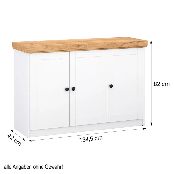 Kommode 135 cm Breite - Mehrzweckschrank mit drei Türen und heller Oberflächenplatte – Farbe: Weiß Natur