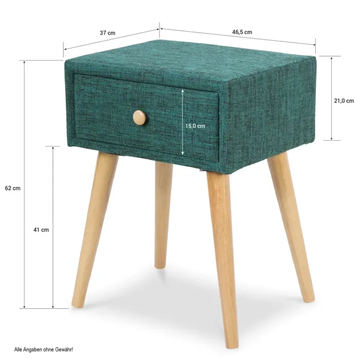 Beistelltisch mit Polsterbezug und Holzbeinen - Nachttisch mit Schublade in Türkis