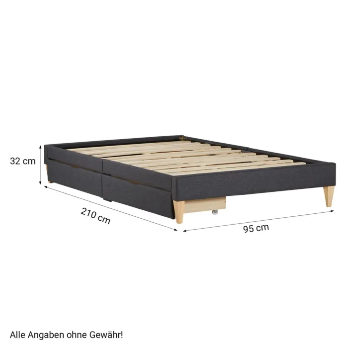 Polsterbett 90x200 - Einzelbett mit Bettfüßen aus Hartholz und mit zwei Bettkästen - Farbe: Grau