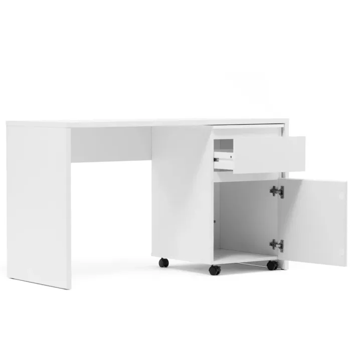 Schreibtisch 130 cm Breite - Computertisch mit flexibel platzierbarem Rollcontainer - Farbe: Weiß