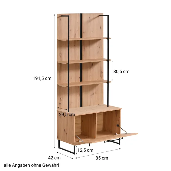 Standregal 85 cm Breite in Eichenholzoptik - Hohes Industrial Regal mit Elementen aus Metall - Farbe: Natur Schwarz