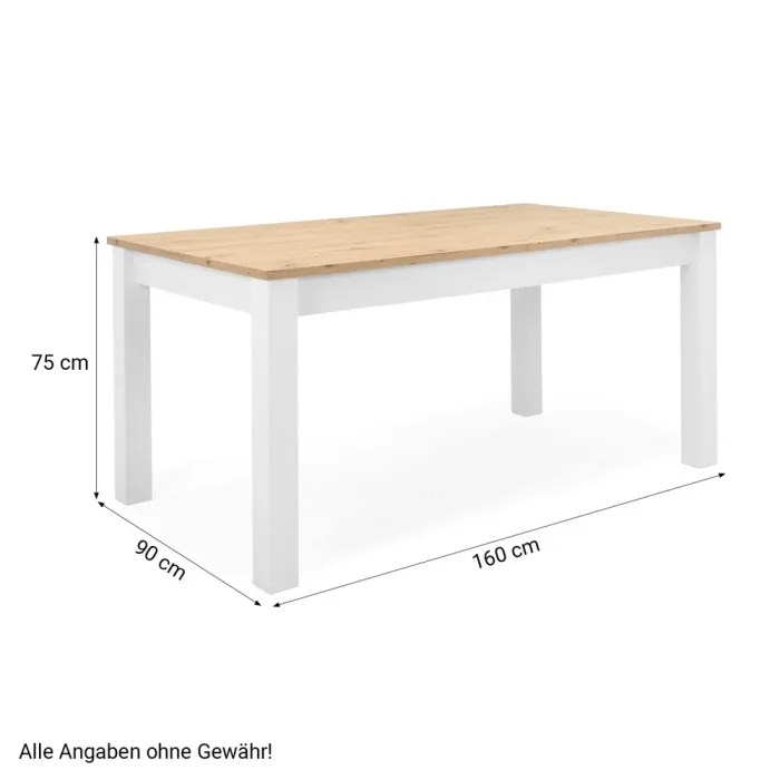 Ausziehbarer Esstisch 160x90 cm - Tisch im Skandinavischen Design für 6 bis 8 Personen – Farbe: Weiß Natur