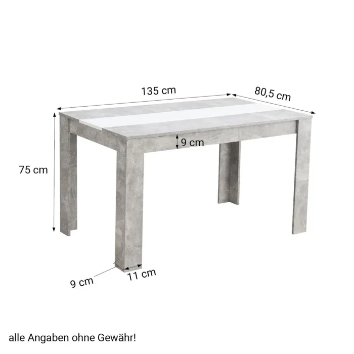 Esstisch in Betonoptik 135x80 cm mit andersfarbiger Mittelplatte - Grau mit Weiß