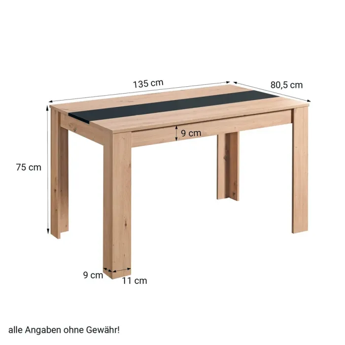 Küchentisch 135x80 cm in Natur mit Schwarz - Esszimmertisch mit kontrastfarbenem Mittelstreifen