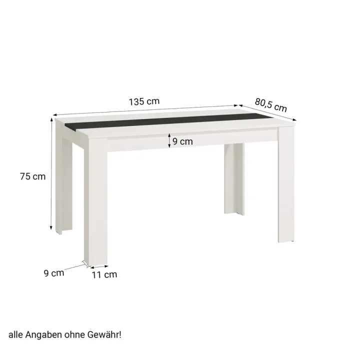 Rechteckiger Esszimmertisch 135x80 cm - Holztisch in Weiß mit Schwarz