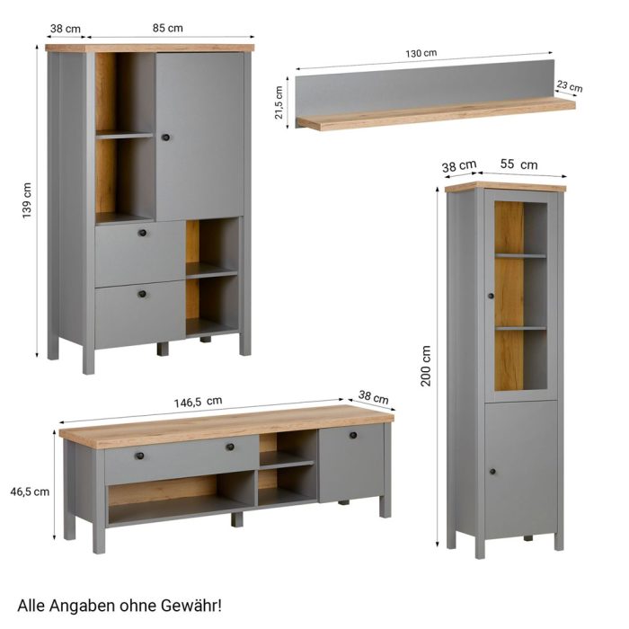 4-teiliges Möbel Set 287 cm Breite - Vielseitige Schrankwand mit Glasakzenten – Farbe: Grau Natur