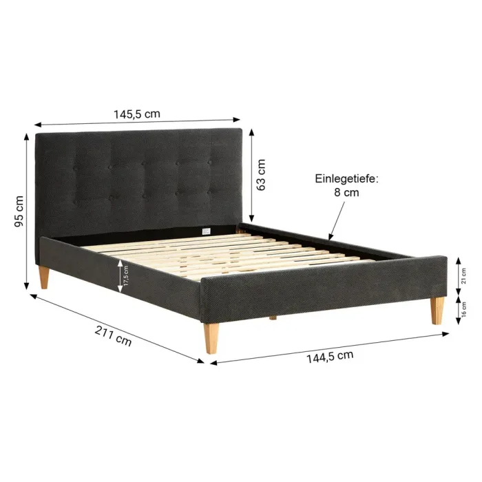 Polsterbett 140×200 mit Samtstoffbezug – Doppelbett mit Bettfüßen aus Gummibaumholz – Farbe: Anthrazit