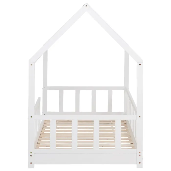 Abenteuerliches Massivholzbett 90x200 - Hausbett für Kinder mit Montessori-Design - Farbe: Weiß