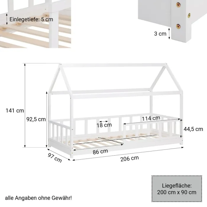 Abenteuerliches Massivholzbett 90x200 - Hausbett für Kinder mit Montessori-Design - Farbe: Weiß