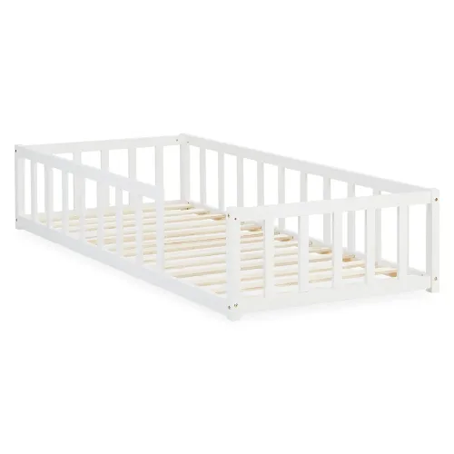 Montessori-Bett für kleine Entdecker - Massivholz-Bodenbett 90x200 für fantasievolle Spielstunden - Farbe: Weiß