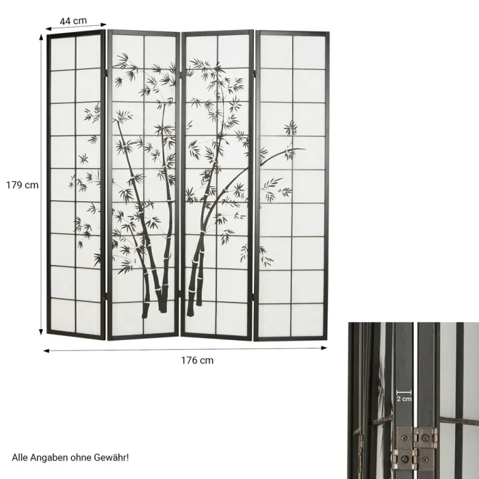 Geprüfte Retourware - Paravent 4-teilig, 176x179 cm - Holz und Reispapier mit Bambusmotiv in Schwarz mit Weiß