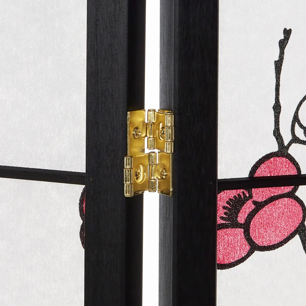 Geprüfte Retourware - Paravent - 5-teilig - Holz und Reispapier mit Muster - 220 cm Breite und 179 cm Höhe - Farbe: Schwarz mit Rot