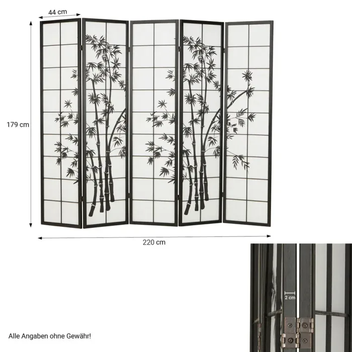 Geprüfte Retourware - Paravent - 5-teilig - Holz Reispapier Bambusmotiv - 220 cm Breite und 179 cm Höhe - Farbe: Schwarz mit Weiß