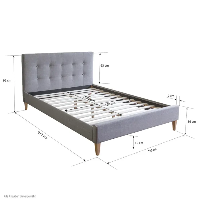 Klassisches Polsterbett 120x200 - Doppelbett mit einem hohem Kopfteil - Farbe: Grau