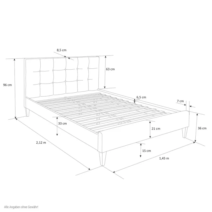 Polsterbett 140x200 - Doppelbett mit hohem Kopfteil - Farbe: Grau