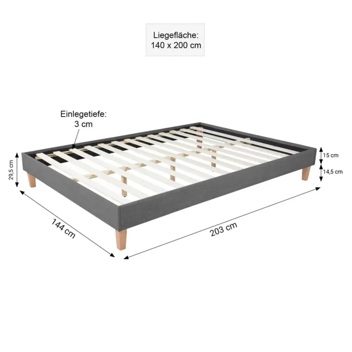 Polsterbett 140x200 - Doppelbett ohne Kopfteil - Farbe: Grau