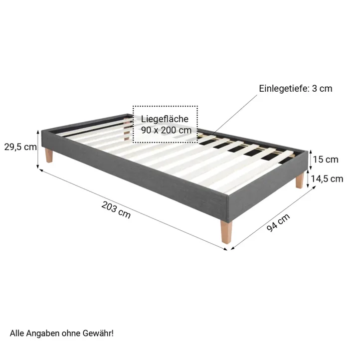 Polsterbett 90x200 - Einzelbett ohne Kopfteil - Farbe: Grau