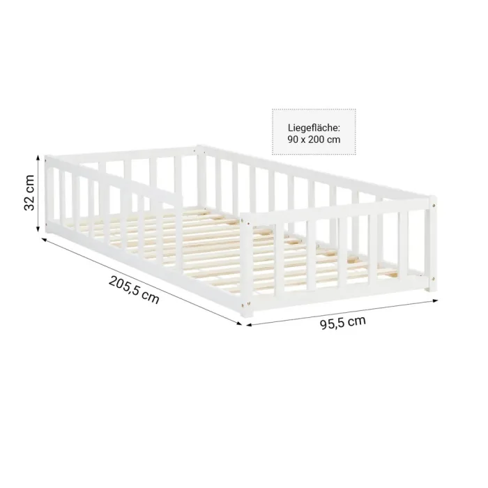 Montessori-Bett für kleine Entdecker - Massivholz-Bodenbett 90x200 für fantasievolle Spielstunden - Farbe: Weiß