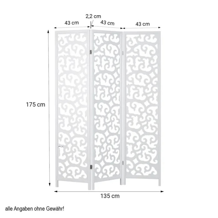 Geprüfte Retourware – Paravent 3-teilig, 130x175cm - Holz mit Holzverzierung - Weiß