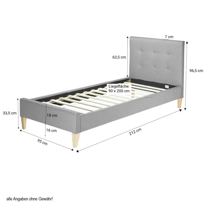 Polsterbett 90x200 mit hohem Kopfrahmen - Einzelbett ohne Matratze - Farbe: Grau