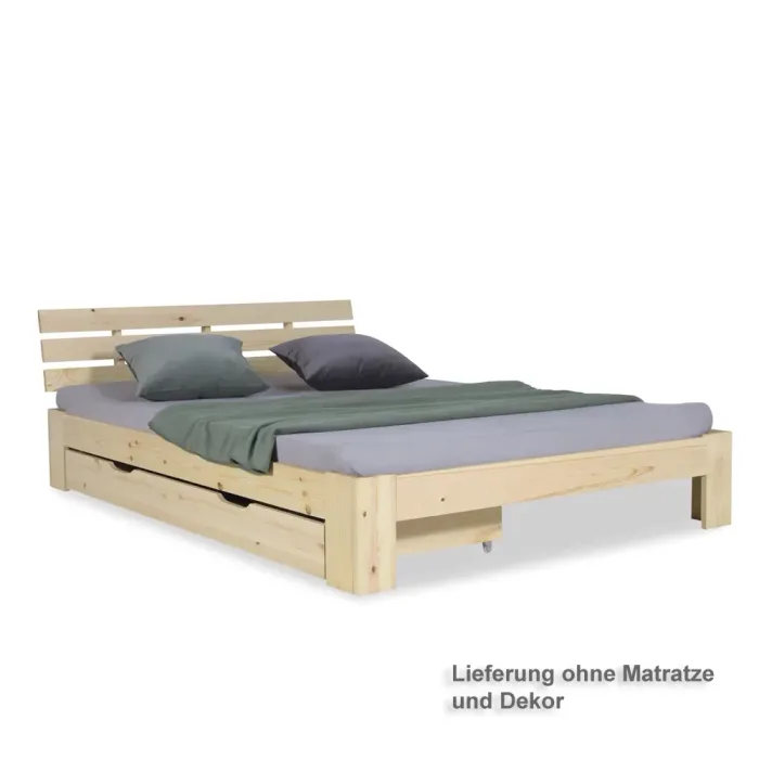 Massivholzbett 140×200 – Doppelbett mit Rückenlehne und Schublade – Farbe: Natur