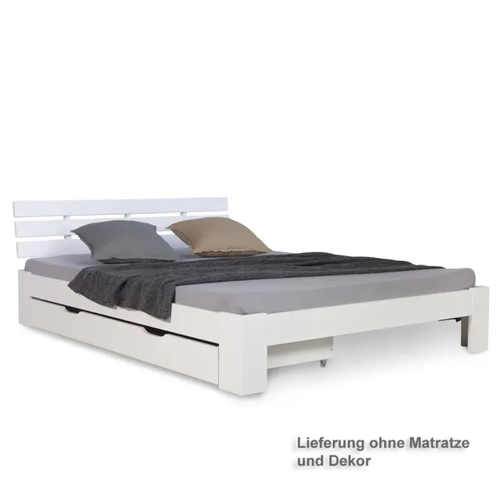 Massivholzbett 140×200 – Doppelbett mit Rückenlehne und Schublade – Farbe: Weiß