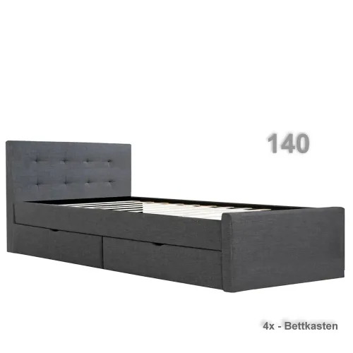 Polsterbett 140x200 - Doppelbett mit vier Bettkästen - Farbe: Grau