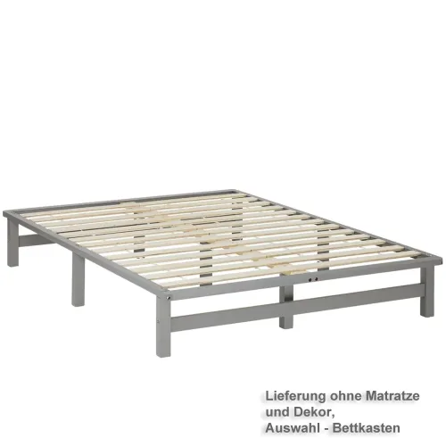 Massivholz Doppelbett 140x200 - Bett ohne Kopfteil - Farbe: Grau