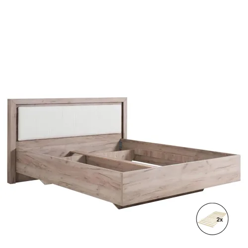 Doppelbett 160x200 - Futonbett mit hohem Kunstleder-Kopfteil - Farbe: Natur mit Weiß