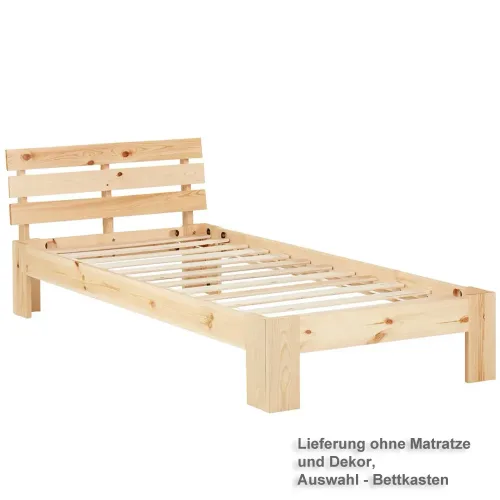 Massivholzbett 90x200 - Einzelbett mit Rückenrahmen - Auswahl Bettschublade - Farbe: Natur