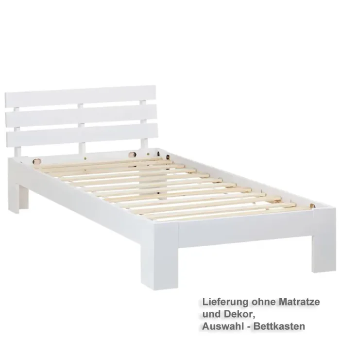 Massivholzbett 90x200 – Einzelbett mit hoher Lehne – Auswahl Bettschublade - Farbe: Weiß