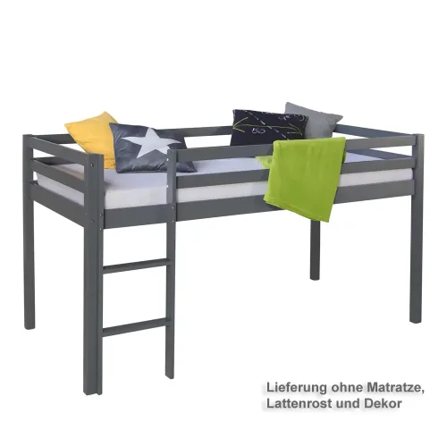 Kinderbett 90x200 - Kiefernholz-Hochbett mit Leiter - Farbe: Grau