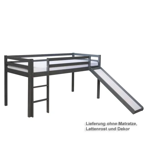 Kinderbett 90x200 - Kiefernholz-Hochbett mit Rutsche und Leiter - Farbe: Grau