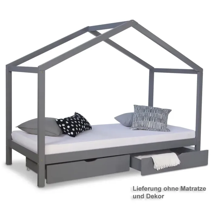 Hausbett 90x200 - Kinderbett mit Bettkästen - Farbe: Grau