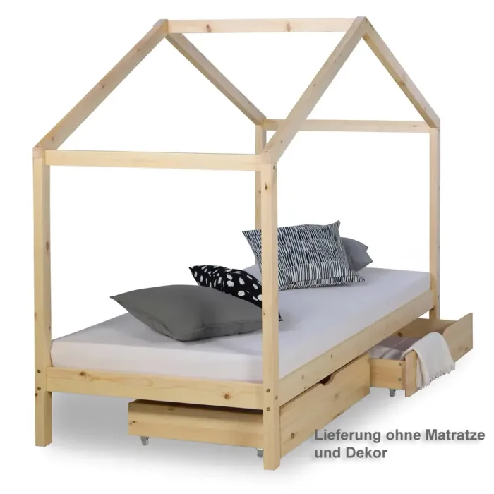 Hausbett 90x200 - Kinderbett mit Bettkästen - Farbe: Natur